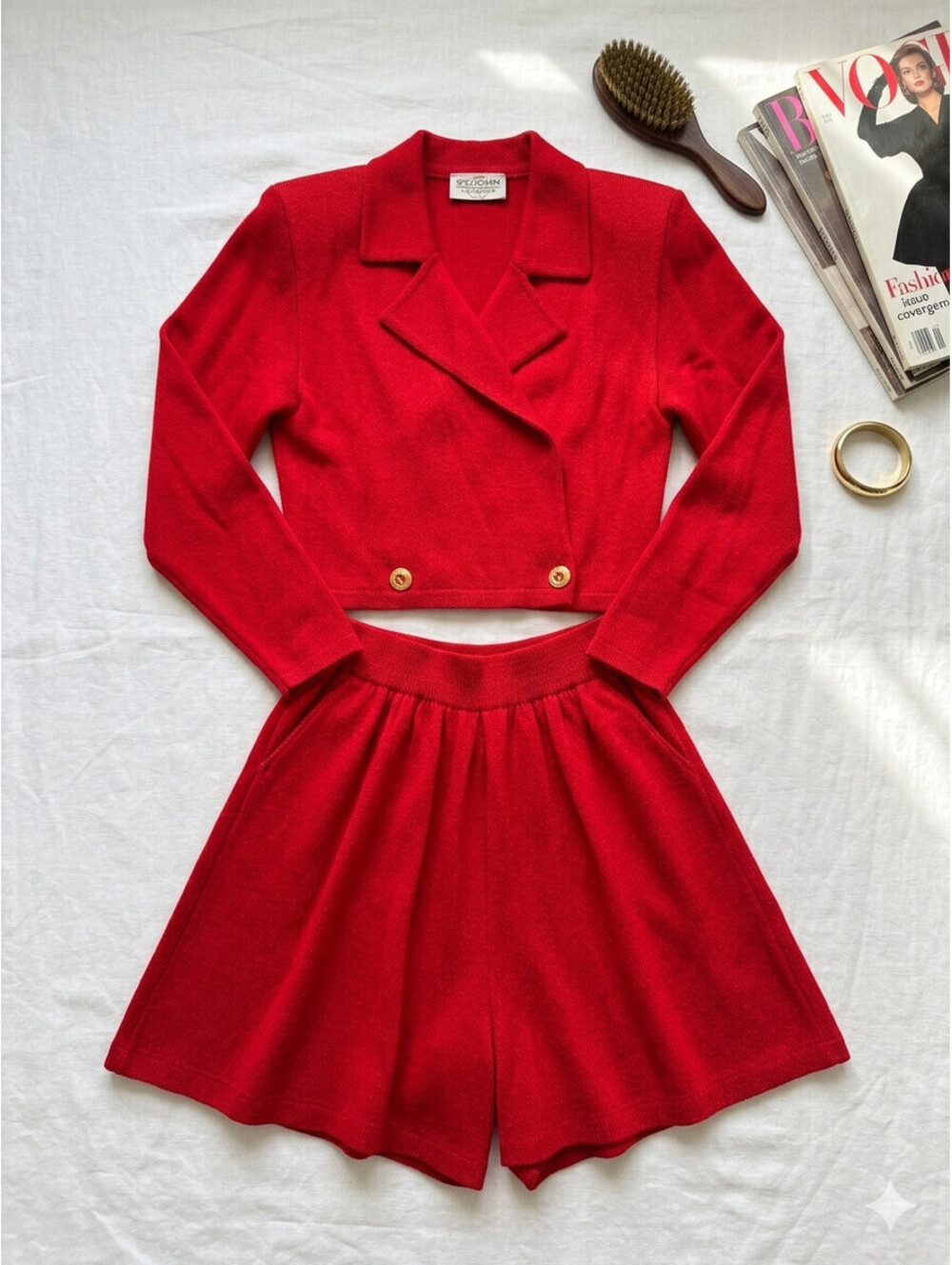 VTG St. John Sportswear Red Knit 2pc Set Cropped Jacket & Pleated Shorts Suit M